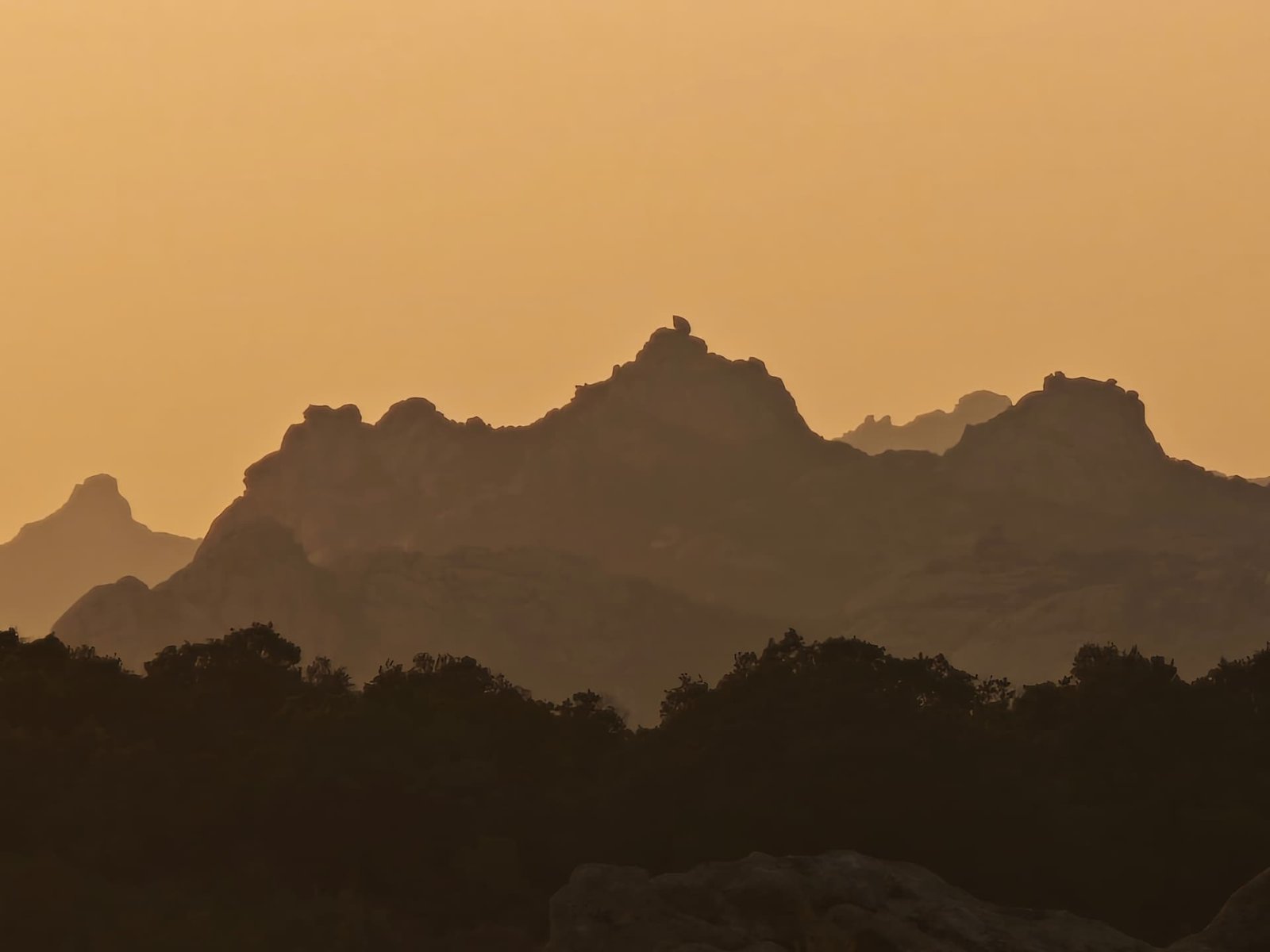 Creste di montagna nella foschia dorata